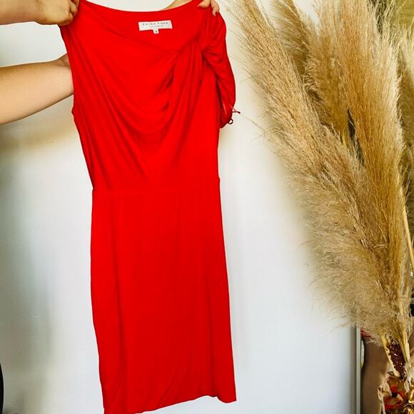 TRINA TURK Nordstrom Red Bodycon Twist Neck Tie Waist Knee Length Midi Dress 4 - Picture 5 of 8